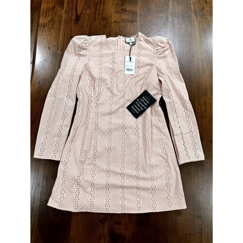 Tuckernuck Pink Eyelet Puff Sleeve Lillian Dress Mini Long Sleeve Size L NWT